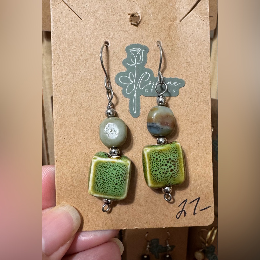 Green And Silver Artisanal Earrings With Mosaic Design